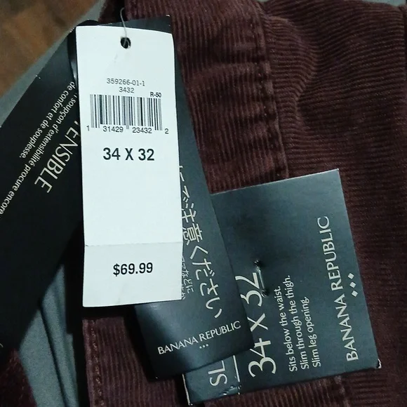 Banana Republic Men's Corduroy‎ Pants - Deep Burgundy. Sz.34 X32 Slim. NWT - Picture 14 of 16